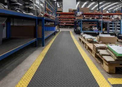 A long roll of black checker-plate textured safety matting, with yellow edges. The mat is in a warehouse environment, with lots of industrial racking around it and pallets of boxes.