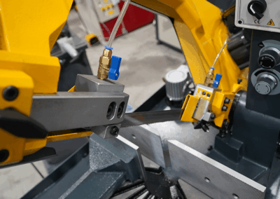 A close-up shot of Blade Guides and Flood Coolant System on a Sterling Swift 280 Bandsaw
