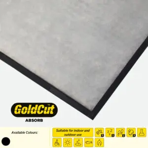 A safety mat with an absorbent layer, with a GoldCut Logo and icons describing its durability.