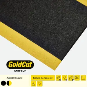 A black textured safety mat, with yellow edges, and a GoldCut Logo and icons describing its durability.