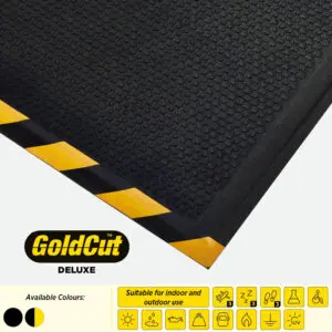 A black safety mat with a dotted surface and yellow and black hashing down one side, with a GoldCut Logo and icons describing its durability.