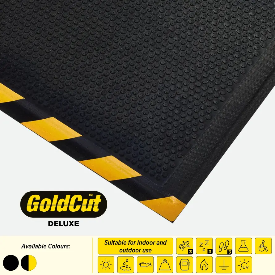 A black safety mat with a dotted surface and yellow and black hashing down one side, with a GoldCut Logo and icons describing its durability.