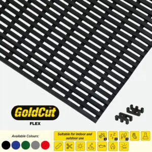 A black safety mat with regular rectangular holes, with a GoldCut Logo and icons describing its durability.