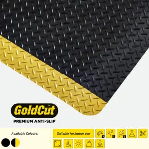 A black checker-plate texture safety mat with yellow edging on it, with a GoldCut Logo and icons describing its durability.