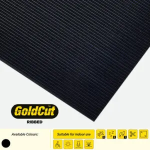A black safety mat, with a GoldCut Logo and icons describing its durability.