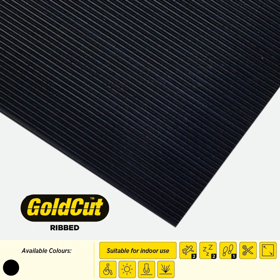 A black safety mat, with a GoldCut Logo and icons describing its durability.