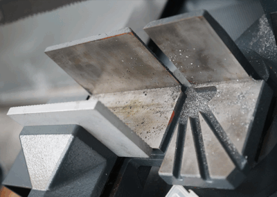 A close-up shot of the vice assembly on a Sterling Swift 210 Bandsaw