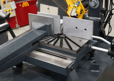 A close-up shot of the vice assembly on a Sterling Swift 280 Bandsaw